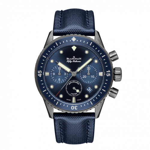 Fifty Fathoms Bathyscaphe Flyback Chronograph Grey Ceramic / Blue / Blue Canvas