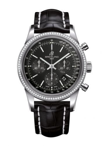 Transocean Chronograph Stainless Steel / Diamond / Black / Croco