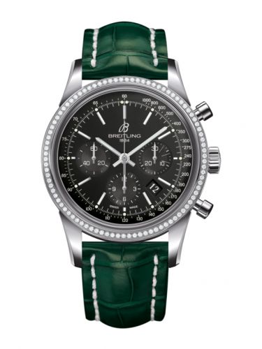 Transocean Chronograph Stainless Steel / Diamond / Black / Croco