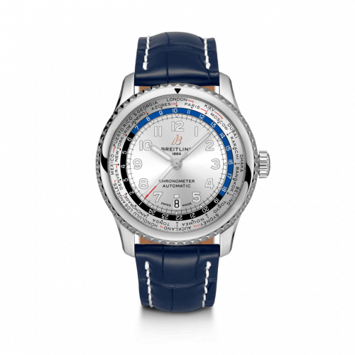 Navitimer 8 B35 Automatic Unitime 43 Stainless Steel / Silver / Blue Croco / Pin