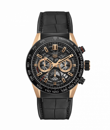 Carrera Calibre Heuer 02 45 Rose Gold / Black Ceramic / Skeleton / Alligator