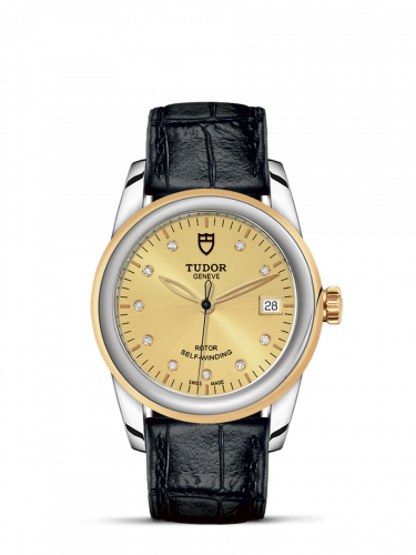 Glamour Date 36 Stainless Steel / Yellow Gold / Champagne-Diamond / Strap