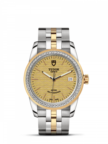 Glamour Date 36 Stainless Steel / Yellow Gold / Diamond / Jacquard Champagne / Bracelet
