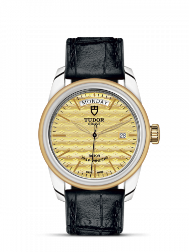 Glamour Day + Date Stainless Steel / Yellow Gold / Jacquard Champagne / Strap