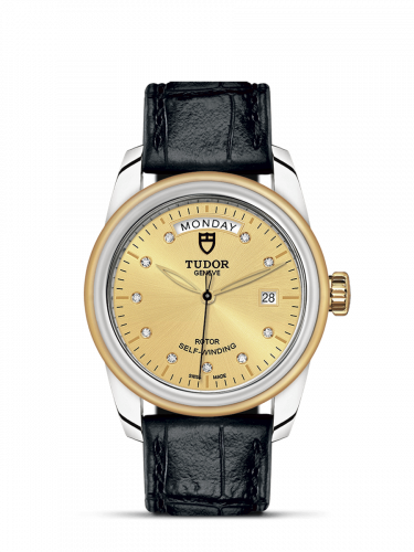 Glamour Day + Date Stainless Steel / Yellow Gold / Champagne-Diamond / Strap
