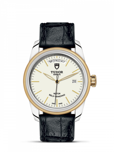 Glamour Day + Date Stainless Steel / Yellow Gold / Opaline/ Strap