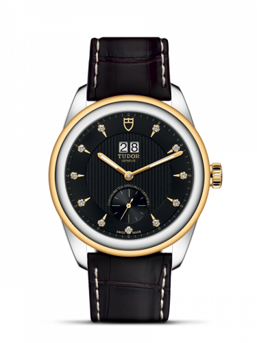 Glamour Double Date Stainless Steel / Yellow Gold / Black-Diamond / Strap