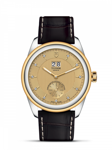 Glamour Double Date Stainless Steel / Yellow Gold / Champagne-Diamond / Strap