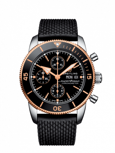 Superocean Heritage II Chronograph 44 Stainless Steel / Rose Gold / Black / Rubber / Folding