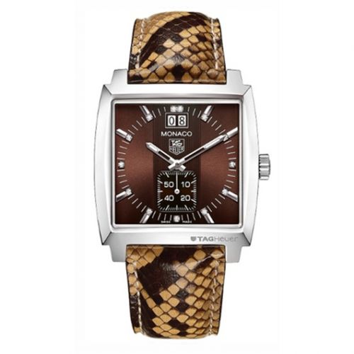 Monaco Quartz Big Date Stainless Steel / Brown / Python