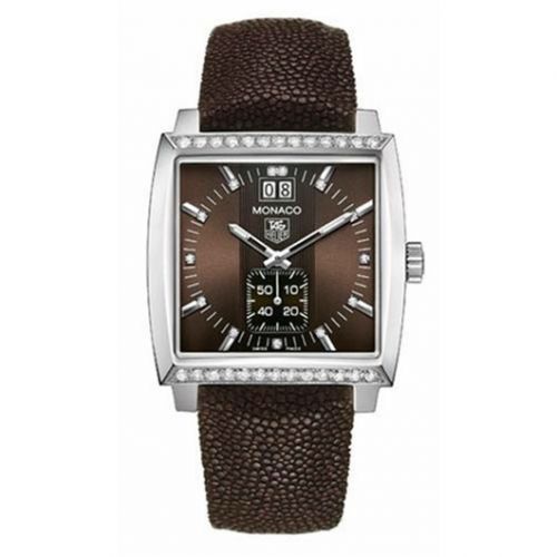 Monaco Quartz Big Date Stainless Steel / Diamond / Brown / Galuchat